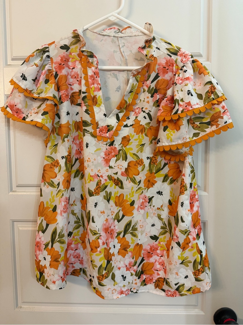 Floral Ruffle Sleeve V-Neck Top - White with Orange & Pink Bloom